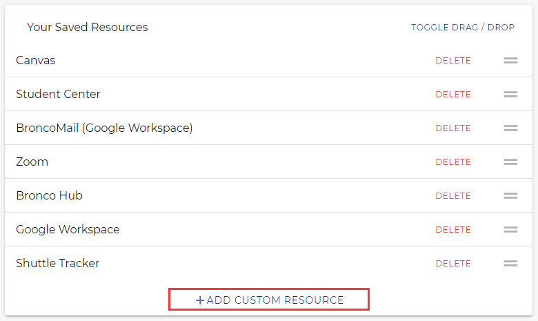 Screenshot of Your Saved Resources menu in myBoiseState with Add Custom Resource button highlighted