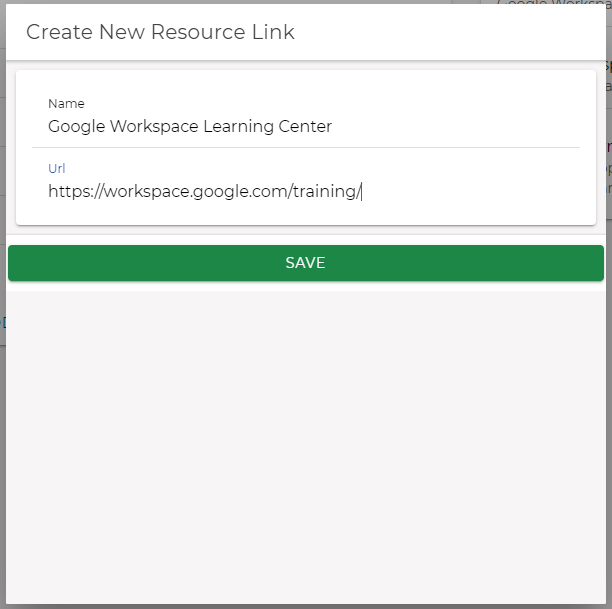 Screenshot of Create New Resource Link menu in myBoiseState with Google Workspace Learning Center as an example