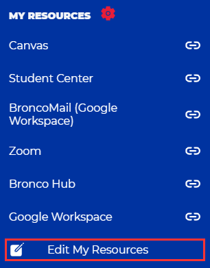 Screenshot of myBoiseState My Resources menu with Edit My Resources highlighted