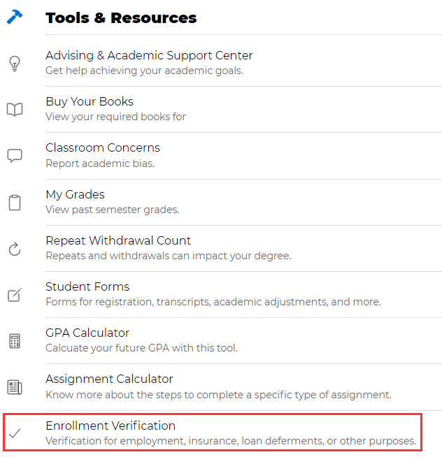Tools & Resources menu screenshot with Enrollment Verification link highlighted