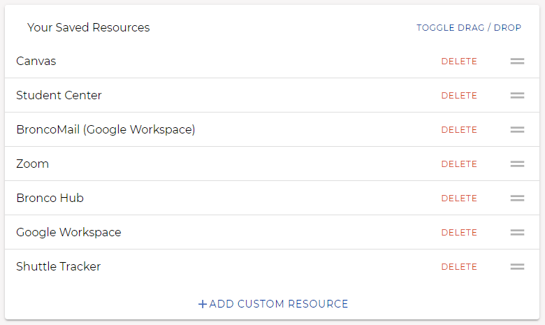 Screenshot of Your Saved Resources in myBoiseState
