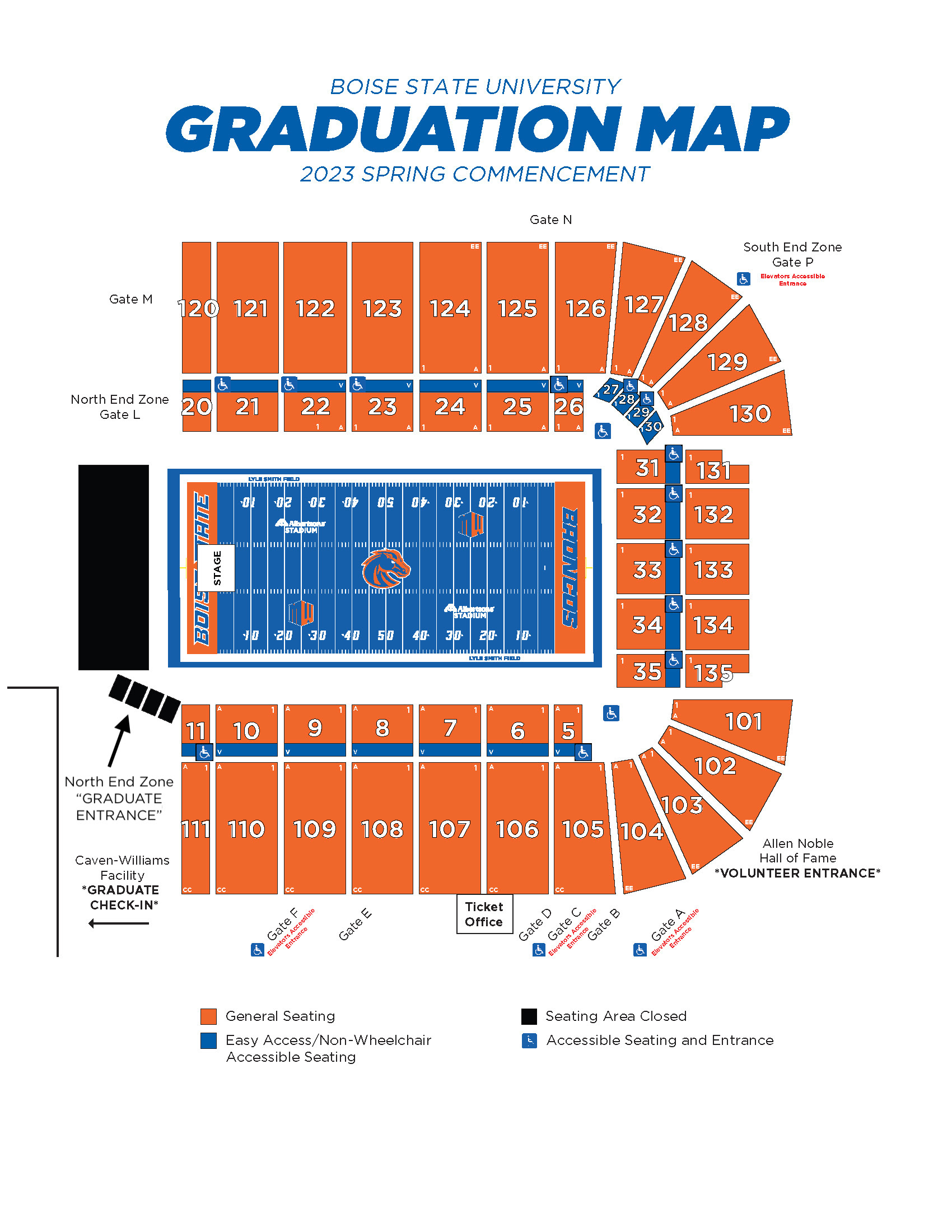 Graphic map of Albertsons stadium seating areas and entrances