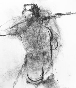 Abstract charcoal drawing of a male figure by Scott Elk, graduate student.