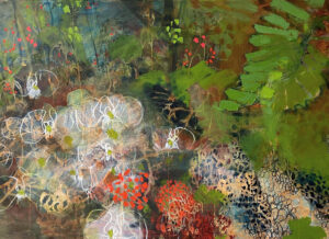 Abstract colorful painting of botanical subject matter by Scott Elk, graduate student.