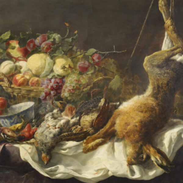 still life depicting a dead rabbit and bird on a table with a basket of fruit