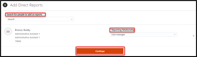 Use the search text box to find an employee, continue is the final button in the field