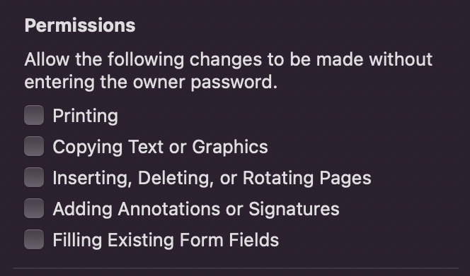Permissions options for password-protecting documents in macOS Preview