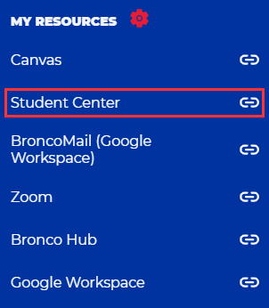 myBoiseState My Resources menu screenshot with Student Center link highlighted