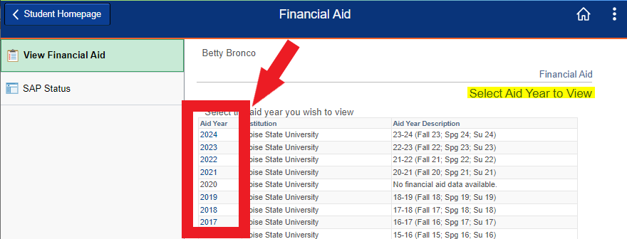 Screenshot of where to select Aid Year on View Financial Aid