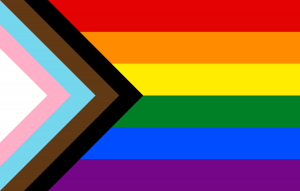 Progress Flag, Rainbow flag with five arrows, white, pink, light blue for transgender people; brown and black for people of color