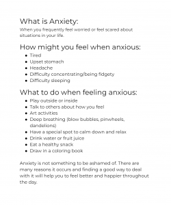 A "What is Anxiety" bullet point list. Detailing out how someone might feel and what to do if anxious. 