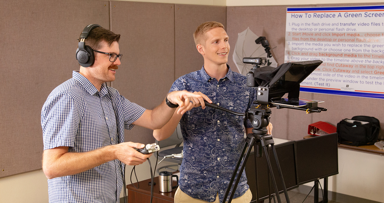 Tyler Winchester and Lane Donavan of the eCampus Center production team record content for an online class at Boise State.