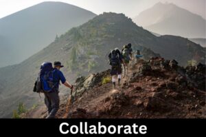 Three people on a hike in the mountains with the word Collaborate underneath.