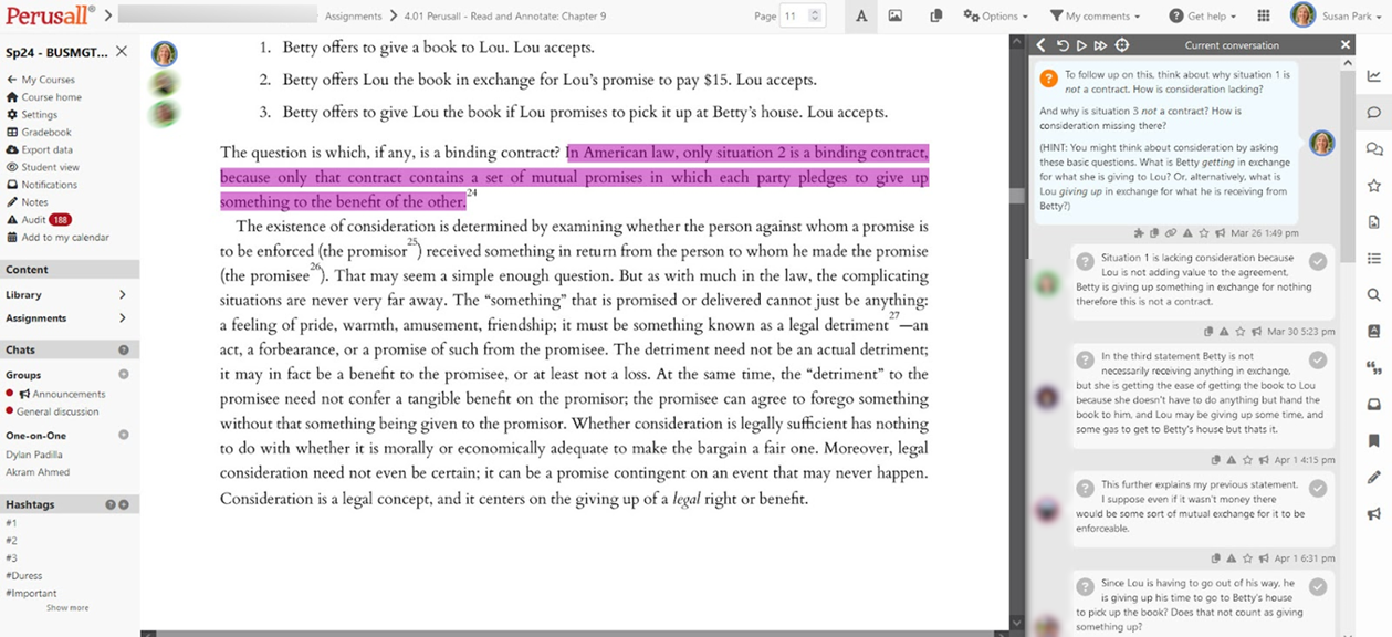 A screenshot of Perusall displaying highlighted text and comments