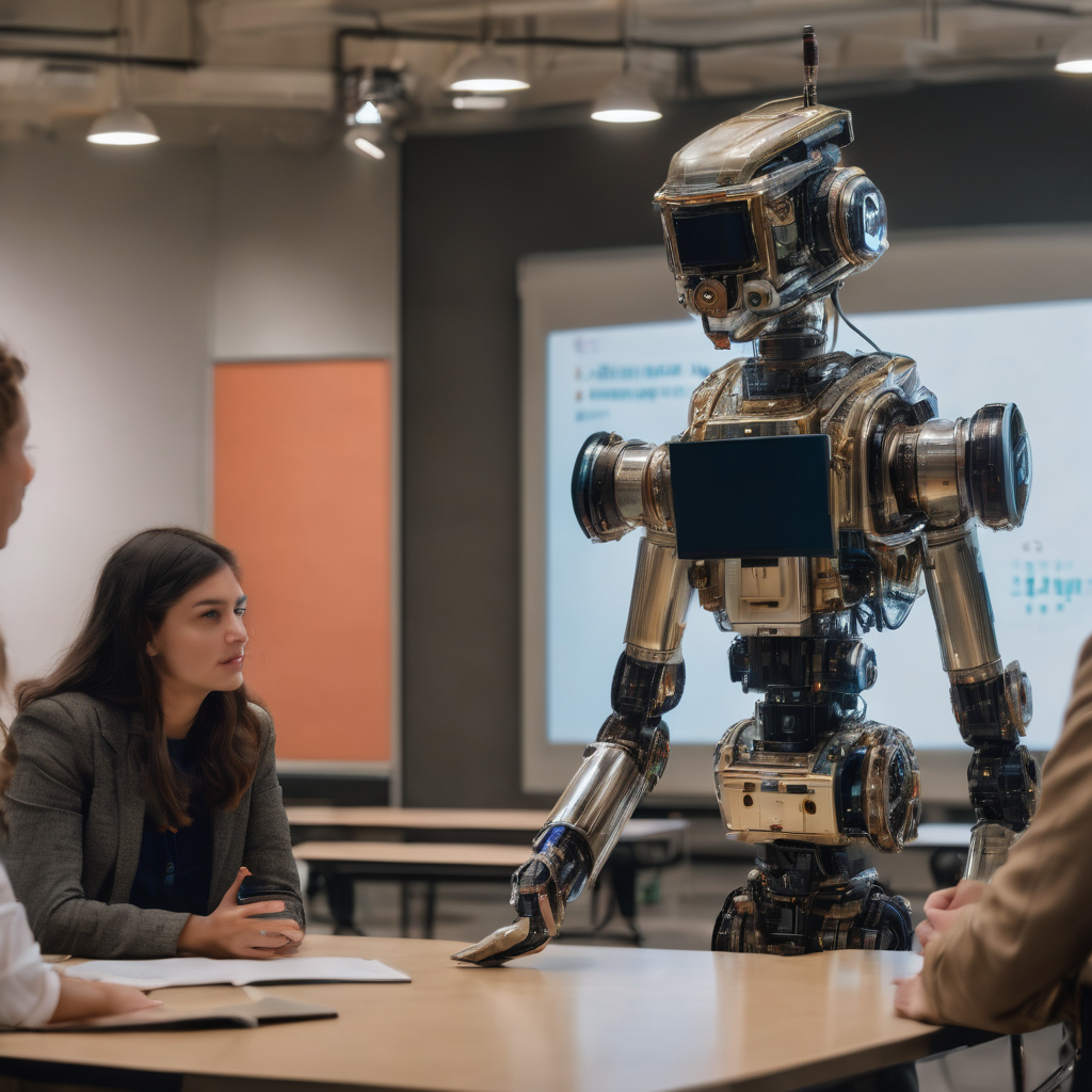 AI generated image of a robot "talking" to a group of students