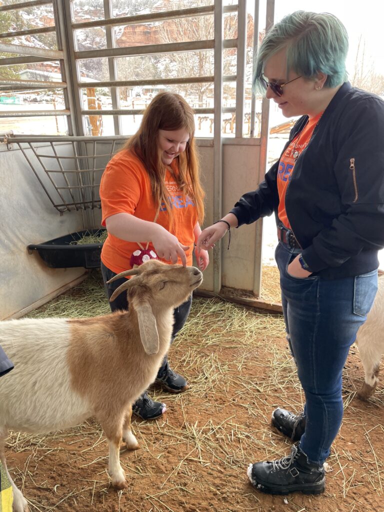 Students pet a goat