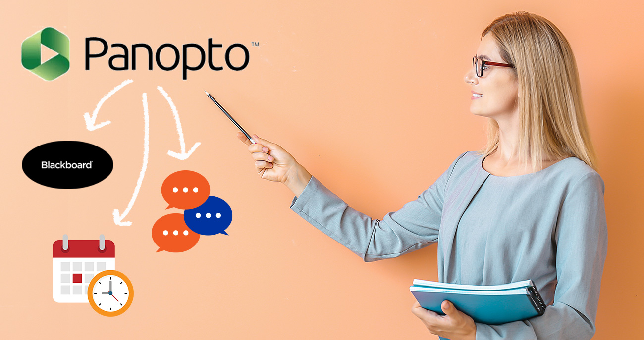 Woman pointing to the Panopto logo with arrows pointing to Blackboard, Chat, and Calendars