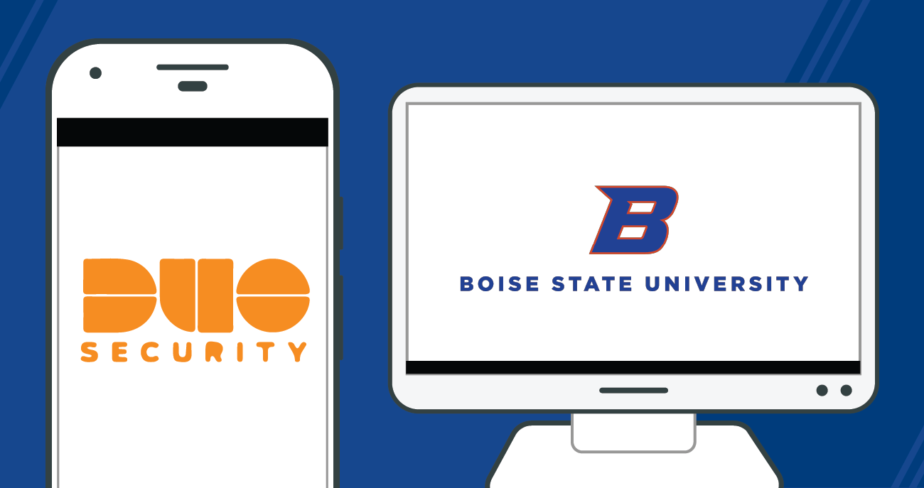Duo security logo on mobile phone and Boise State logo on computer desktop