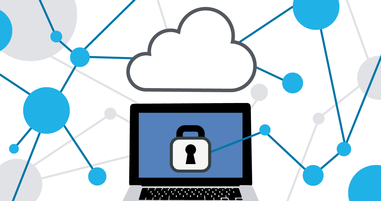 Illustration of computer with padlock security in the cloud