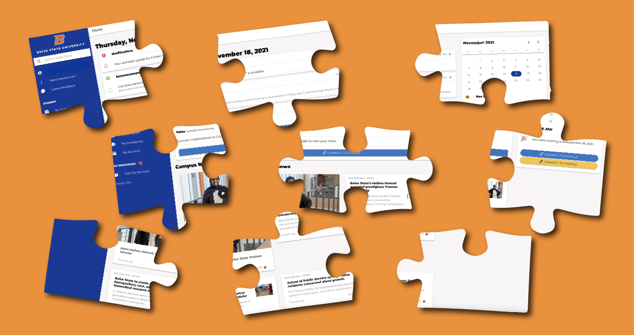 Puzzle pieces each displaying elements of the new my Boise State interface
