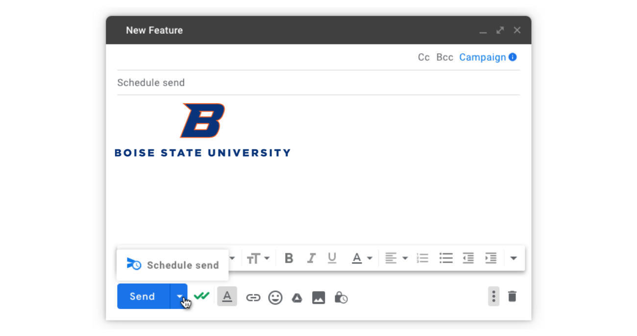 Screenshot of an email showing how to schedule send