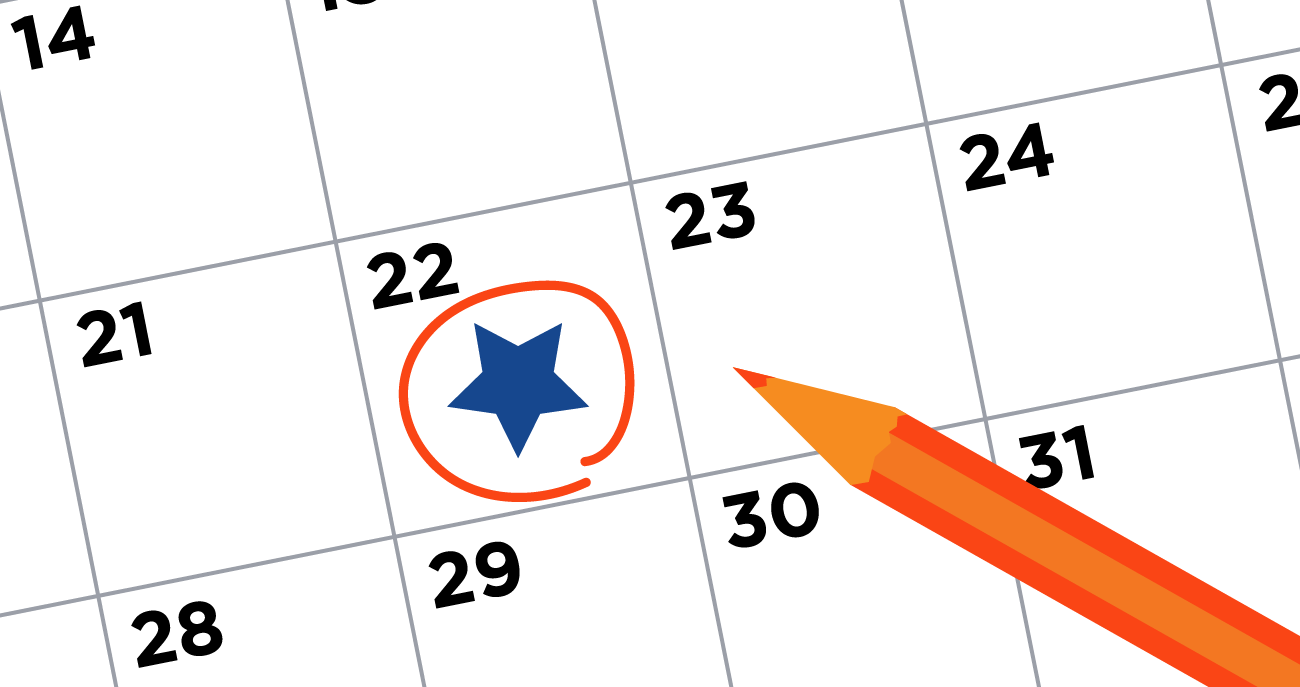 Illustration of a calendar with a star and circle on the 22nd date