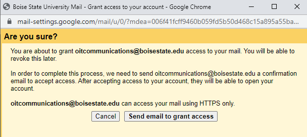 Grant access to your account in Gmail confirmation pop up