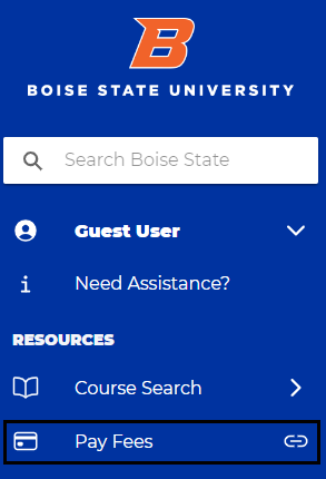 myBoiseState guest view menu with Pay Fees link emphasized in black rectangle