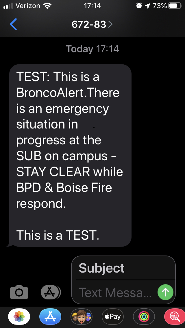 Screenshot of a BroncoAlert from a mobile device