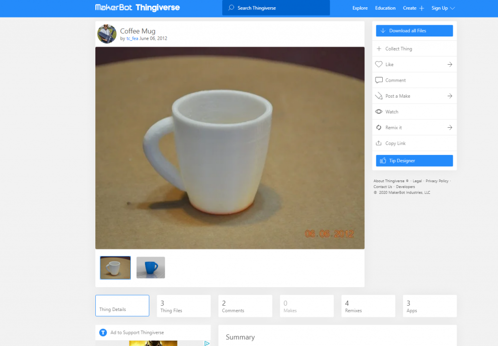 Coffee mug on thingiverse with thing details tab selected