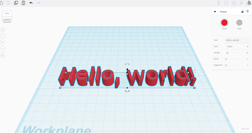 3d text in work plane spelling out Hello, world!