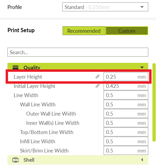 quality subsection of Cura with the layer height option highlighted with a red box