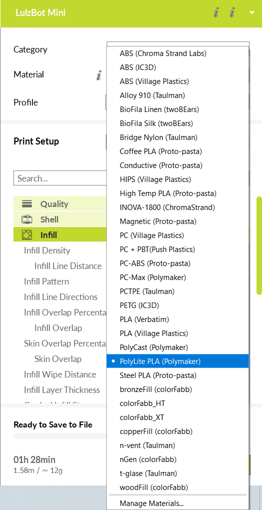 material settings drop-down menu with polylight PLA selected
