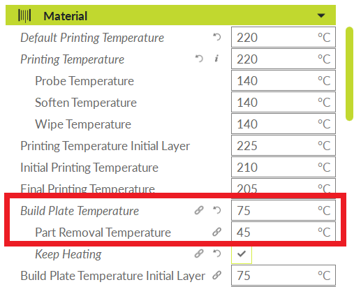Material dropdown list with build plate temperature and part removal temperature highlighted