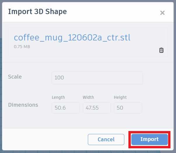 TinkerCAD import window, importing coffee mug