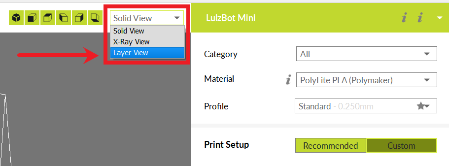 view drop down list with layer view highlighted