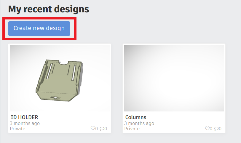 TinkerCAD dashboard with "Create new design" button highlighted