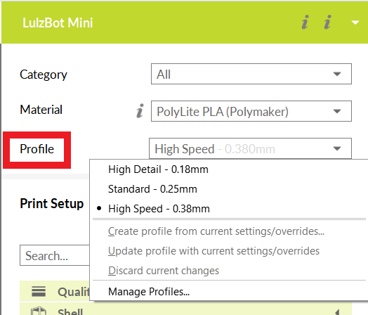 the upper right menu in Cura. profile is the third item down and has its own dropdown menu.