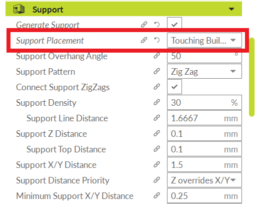 support dropdown list with support placement highlighted