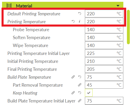 Material dropdown list with default printing temperature and printing temperature highlighted