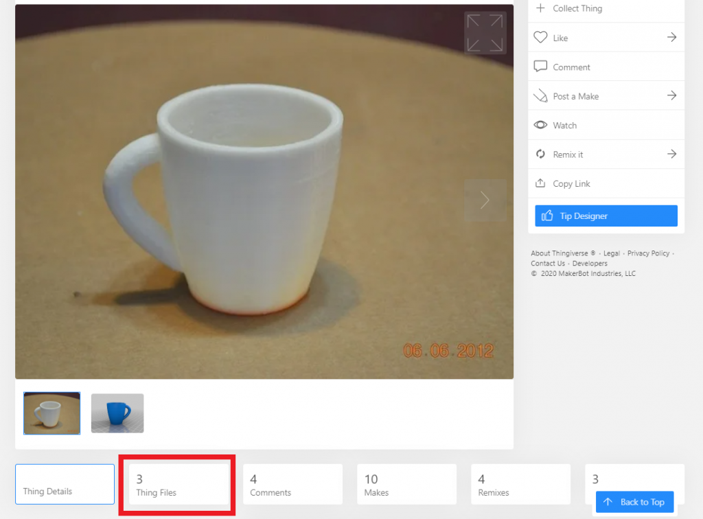 Coffee mug in thingiverse with Thing Files tab selected