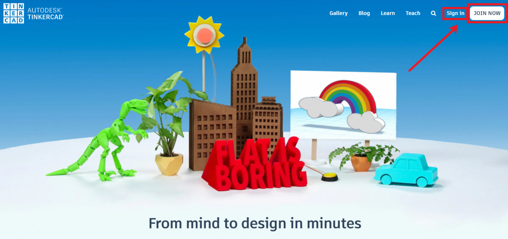 TinkerCAD homepage with arrow pointing to the sign in and join now buttons