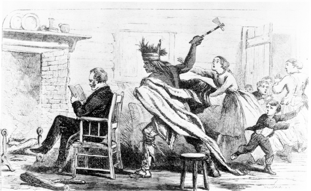 Man wields hatchet and rushes towards another man sitting in a chair, illustration