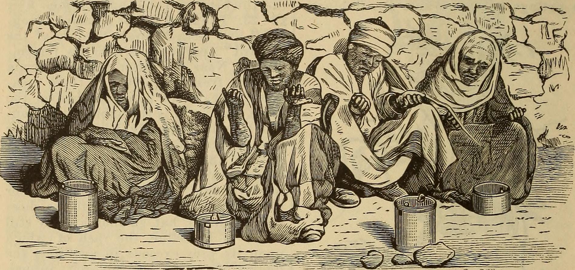 four people affected by leprosy, woodcut