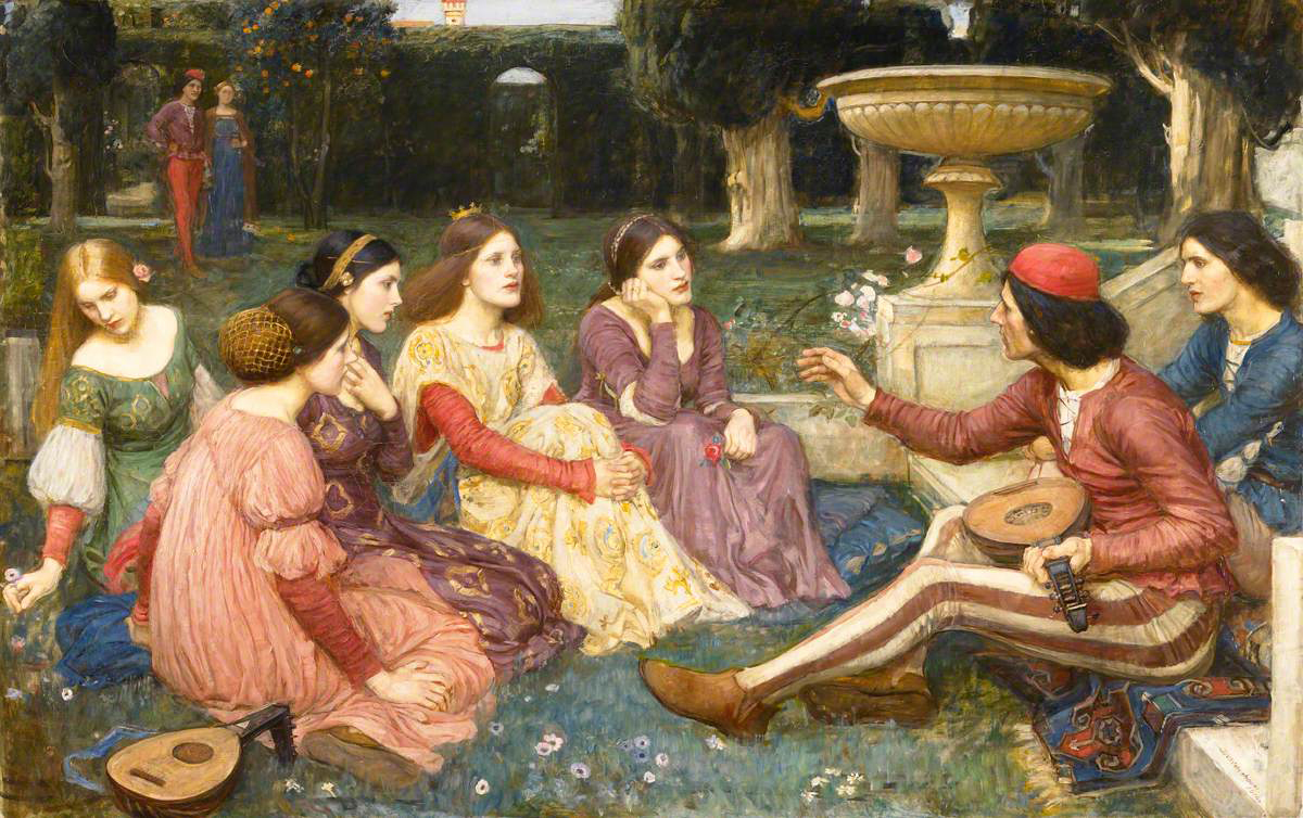 women sitting in garden listening to a story, painting