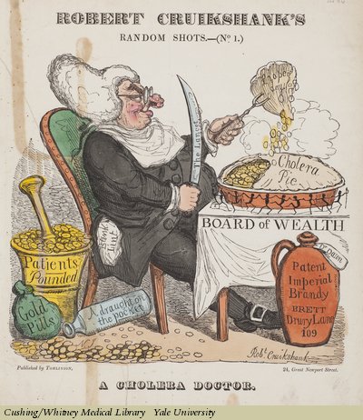 Man feasting on cholera pie surrounded by liquor and wealth built on patients and gold pills, cartoon