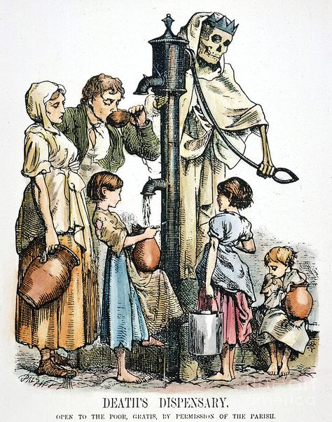 Man, Woman, and children filling water from a pump operated by a skeleton. Death Dispensary. Open to the poor, gratis, by permissions of the parasite
