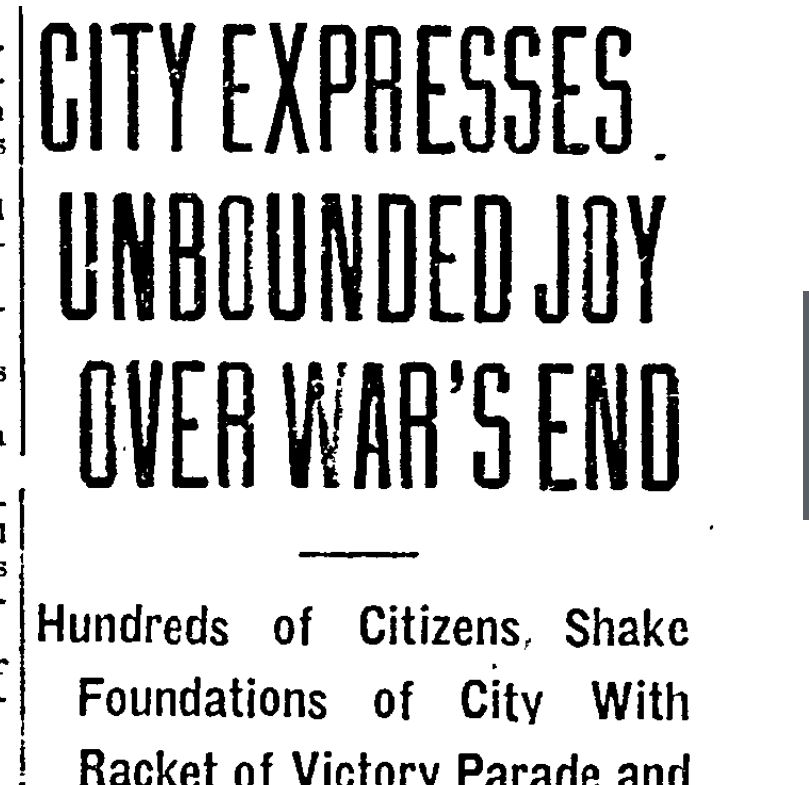 City Expresses Unbound Joy over War's End, Hundreds of citizens shake foundations of city with racket of victory parade, news clipping