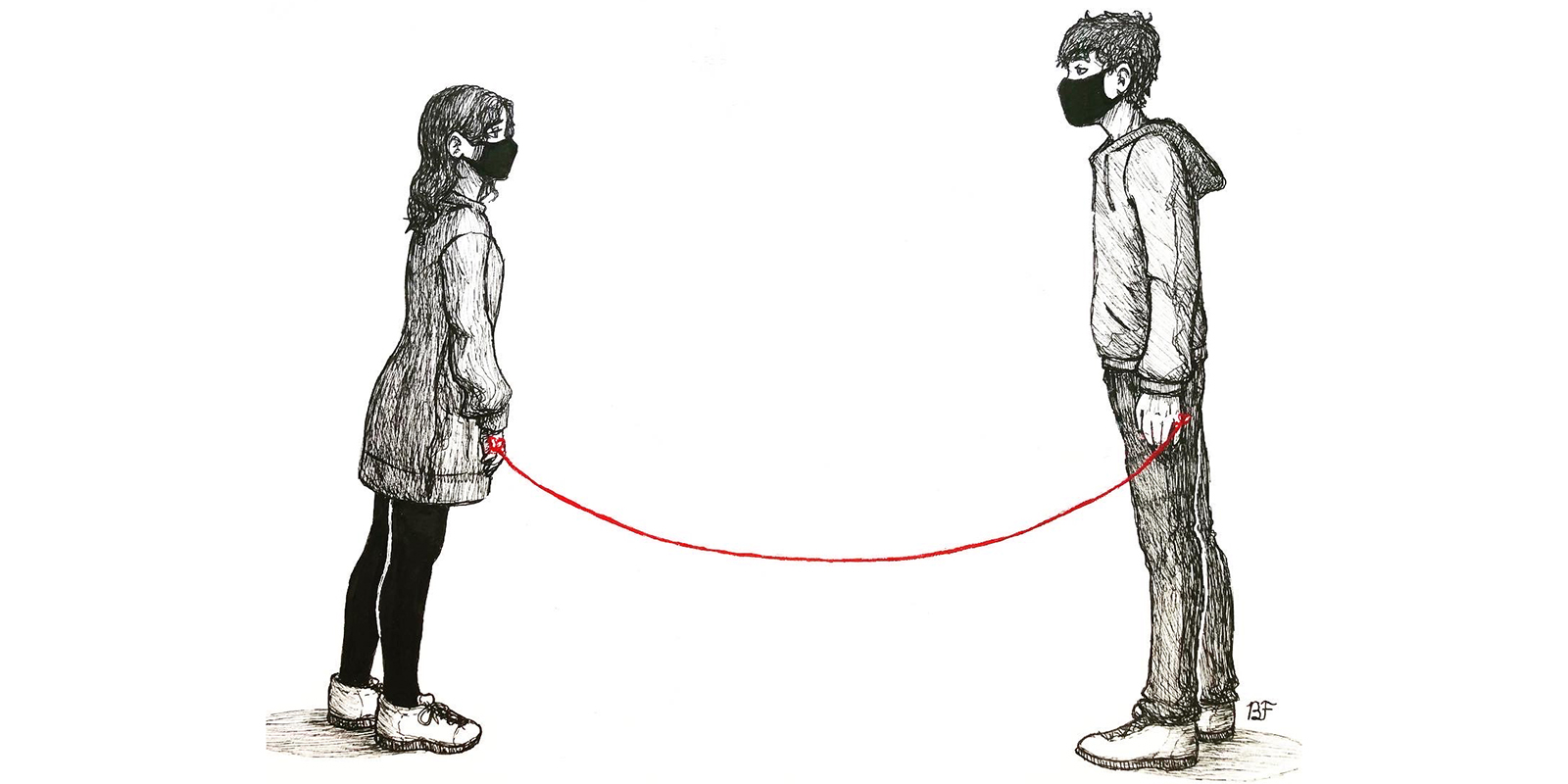 Two people wearing masks standing apart yet connected by red string, illustration