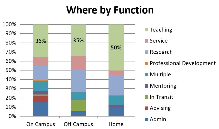Chart: where by function including teaching, service, research, professional development, multiple, mentoring, in transit, advising, admin.